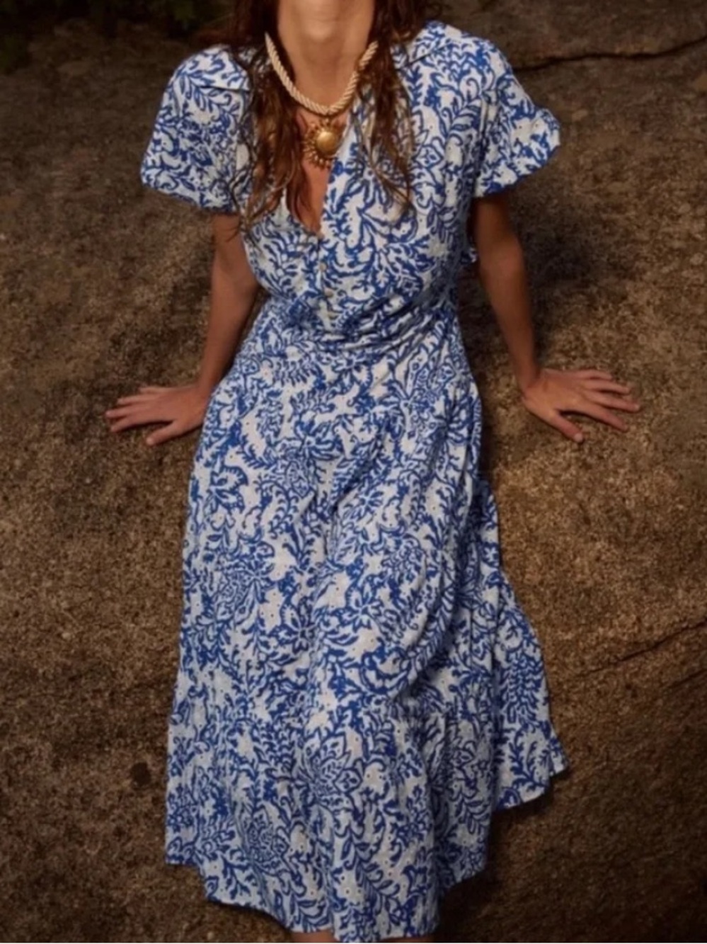 Zara Blue & White Floral Eyelet Midi Dress Sz L